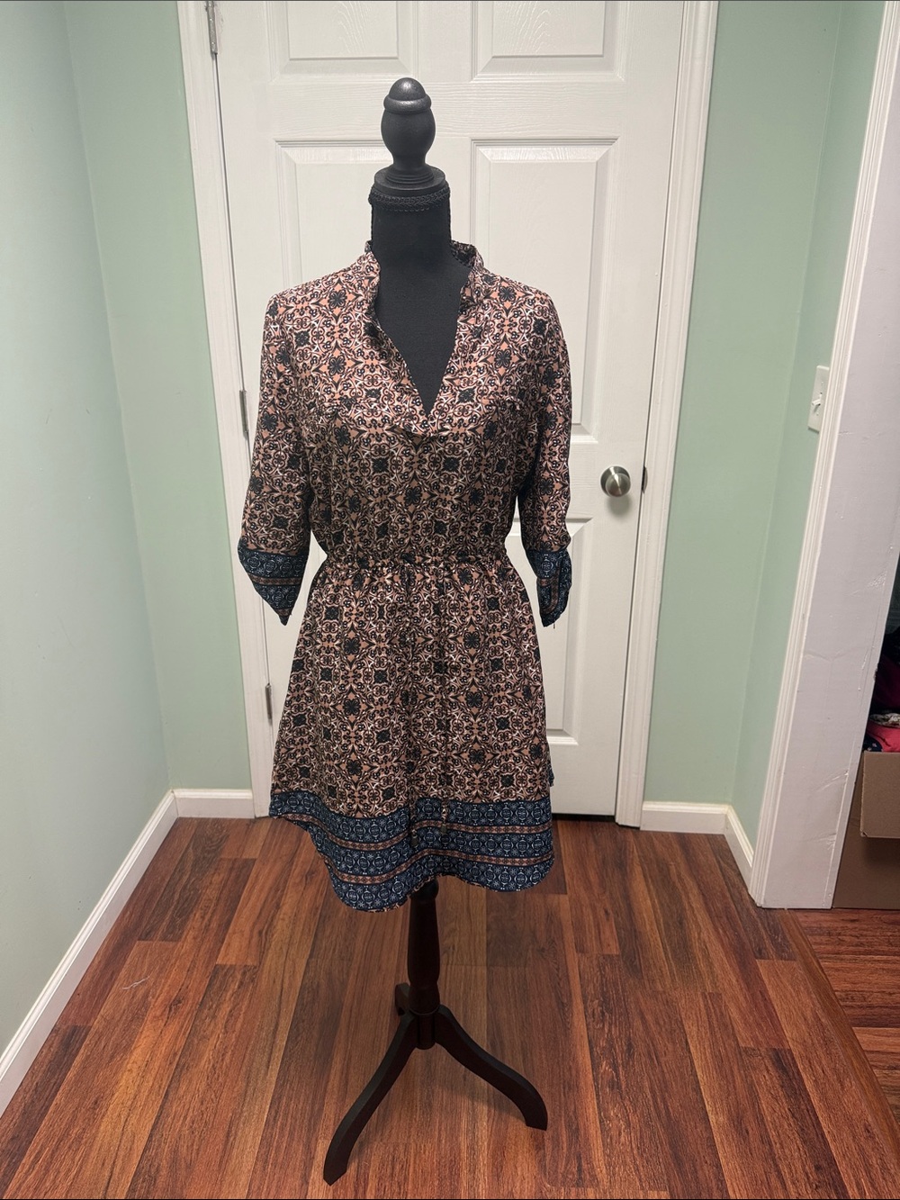 indulge Floral Print V-Neck Mini Dress in Navy and Tan